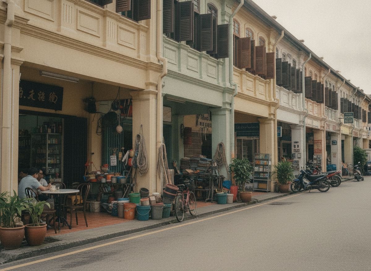 A row of Malaysian shophouses with independent businesses at street level.