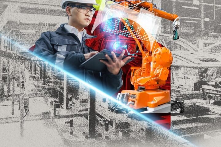 MIDA publication cover titled "Malaysia: Investment in the Manufacturing Sector," featuring two industrial workers — one wearing a hard hat and safety glasses using a tablet, another wearing a VR headset and high-visibility jacket — alongside an orange industrial robotic arm and digital data visuali